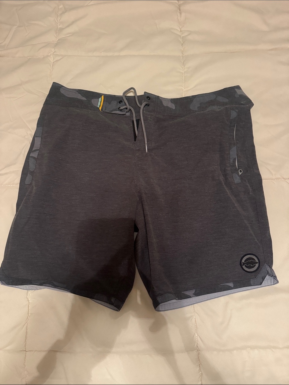 Gray Board Shorts with Yellow 'Ride the Tide' Waistband